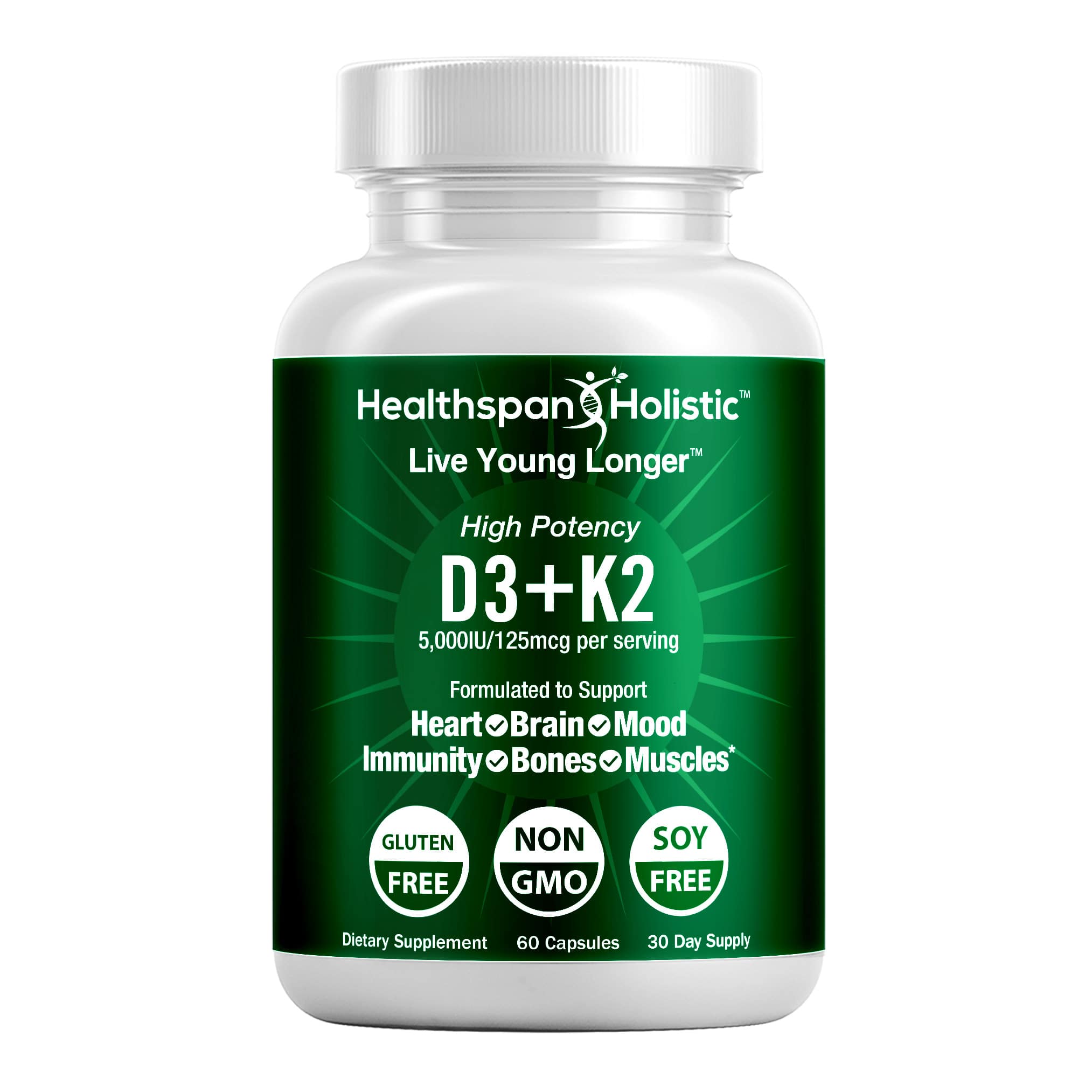 High Potency Vitamin D3 + K2 Supplement 60 Capsules